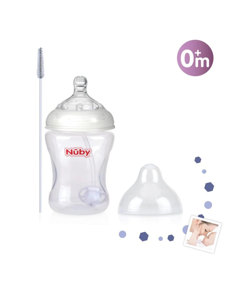 Biberon Anti-Reflux et Anti-Colique col large avec hoquet a paille 360° 240ml +0 mois - Nûby