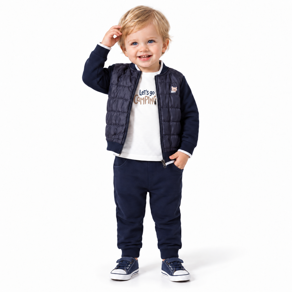 Veste matelassée bleue marine à capuche, fermeture éclair et motif camping