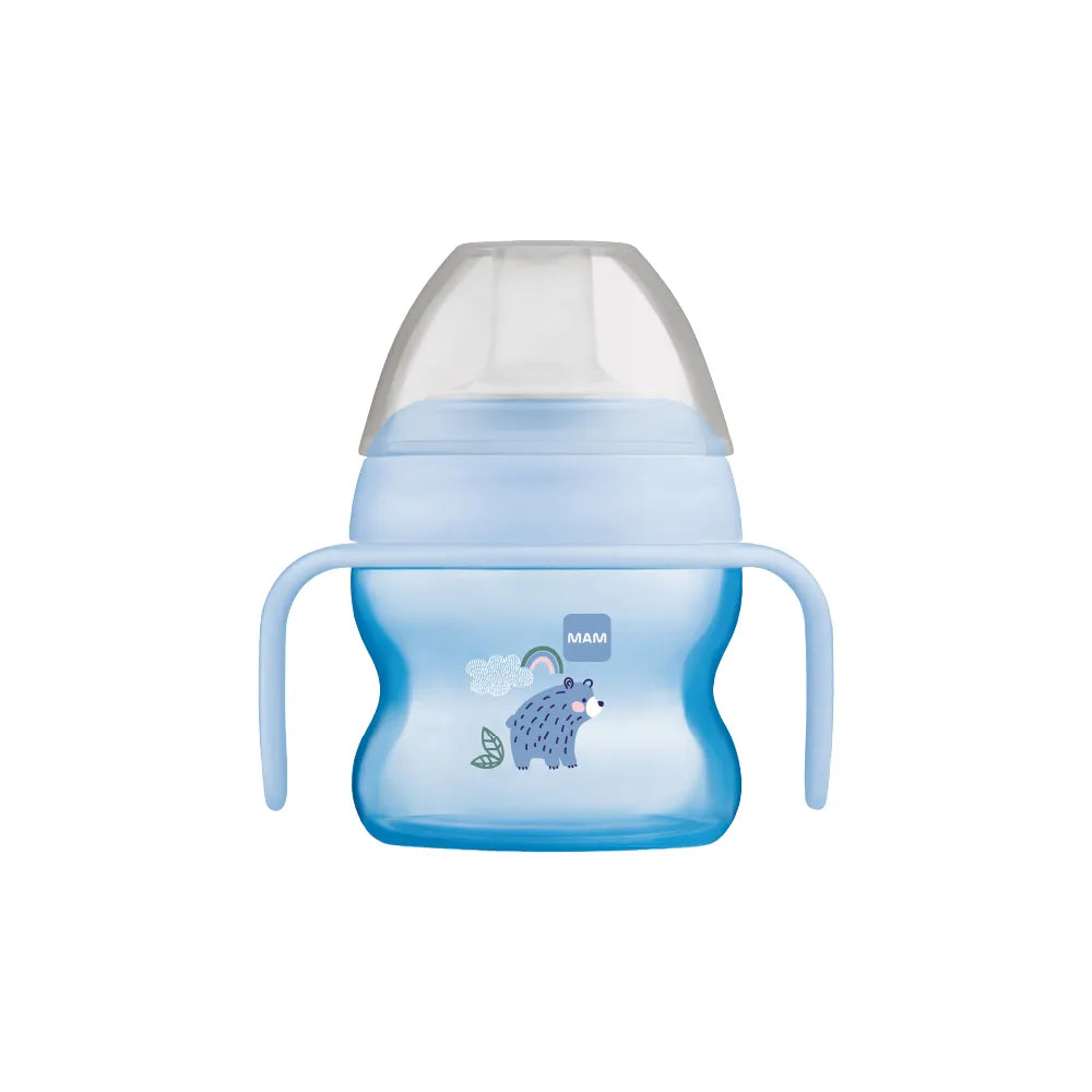 Tasse d’apprentissage MAM bleue à bec souple et poignées latérales