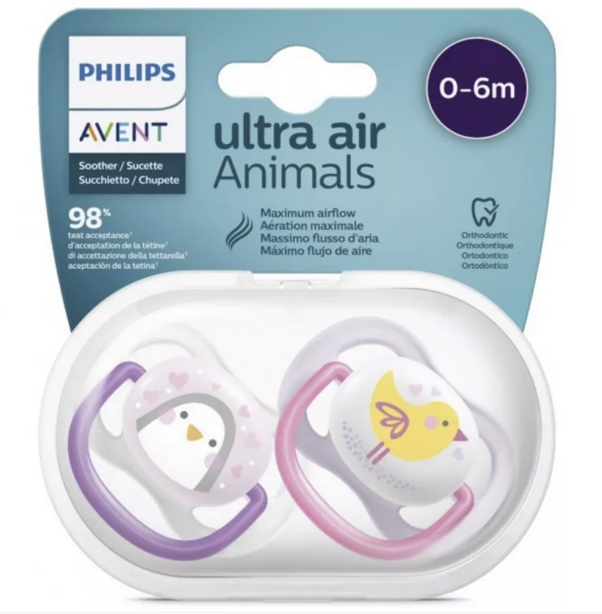 AVENT 2 Sucettes Ortho 0-6m Girl Ping/Bird