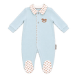 Combinaison bébé bleu clair à boutons, col et pieds imprimés, manches longues.