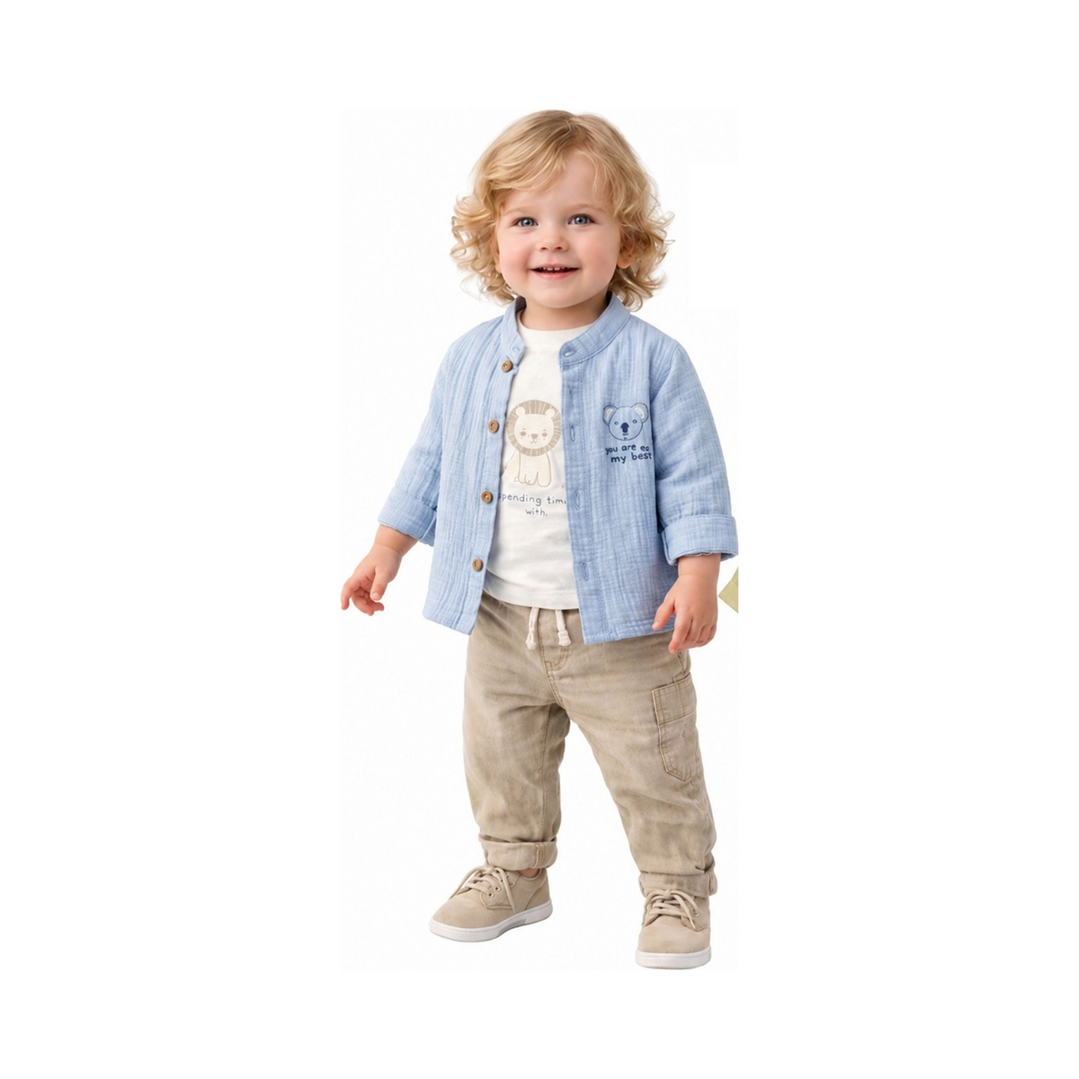 Veste bébé bleu clair boutonnée avec ourson et empiècements, manches longues