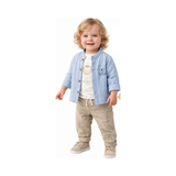 Veste bébé bleu clair boutonnée avec ourson et empiècements, manches longues