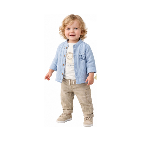 Veste bébé bleu clair boutonnée avec ourson et empiècements, manches longues