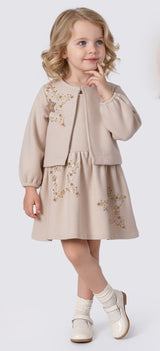 Robe enfant beige et veste courte, fermeture devant, broderie étoiles dorées
