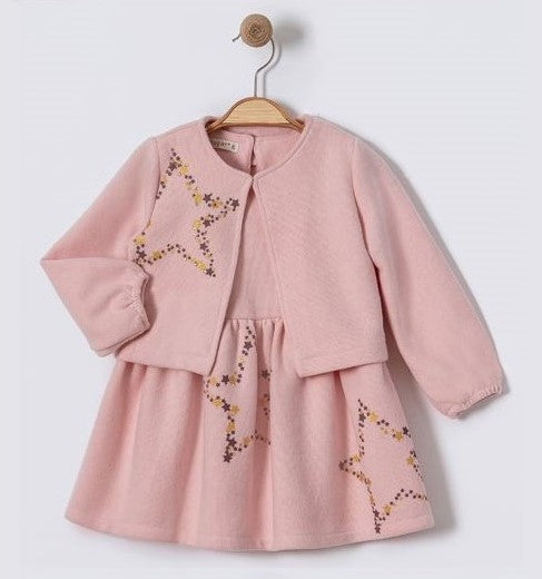 Robe enfant rose poudré avec broderie étoiles dorées, col boutonné et manches longues