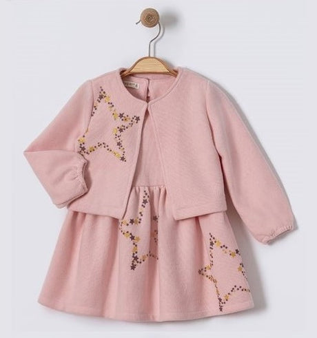 Robe enfant rose poudré avec broderie étoiles dorées, col boutonné et manches longues