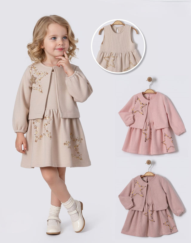 Ensemble robe et veste enfant beige, broderie étoiles dorées, manches bouffantes