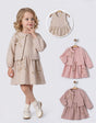 Ensemble robe et veste enfant beige, broderie étoiles dorées, manches bouffantes