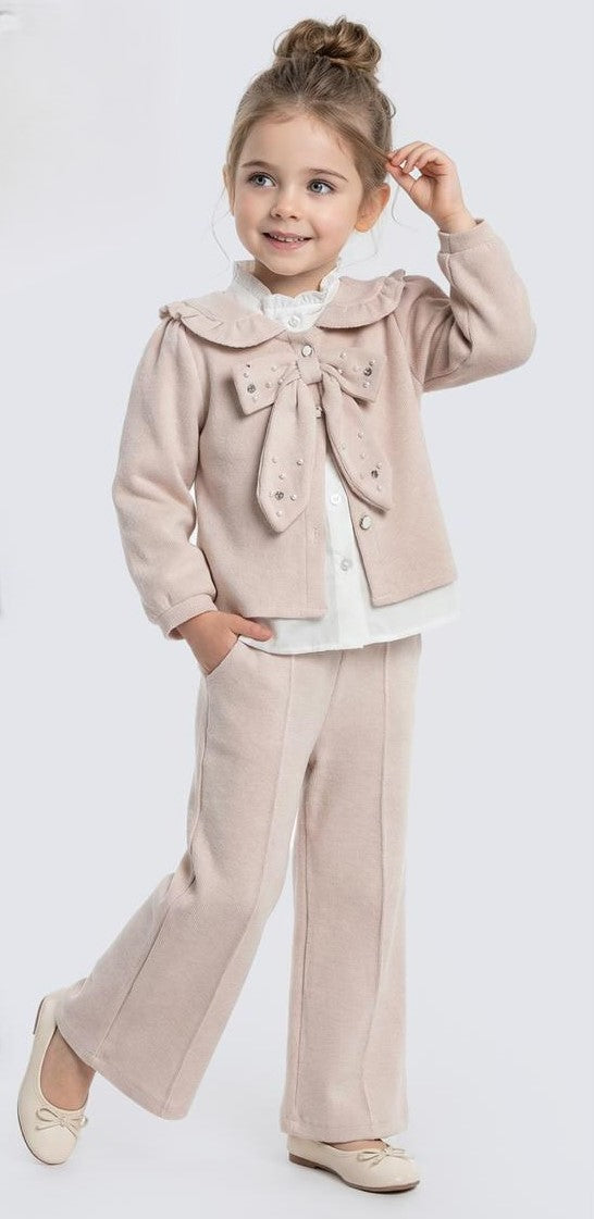 Veste beige boutonnée avec nœud et pantalon long assorti, pour fille