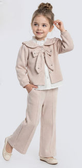Veste beige boutonnée avec nœud et pantalon long assorti, pour fille