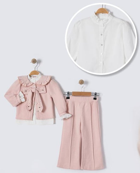 Ensemble fille Sugar love : veste rose pâle à nœud et blouse blanche boutonnée