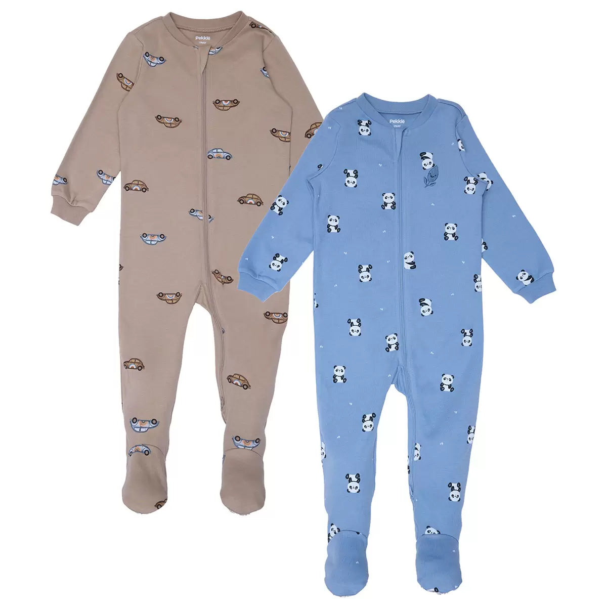 Ensemble de combinaisons bébé zippées, beige à motifs et bleu à pandas, manches longues