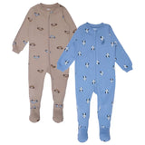 Ensemble de combinaisons bébé zippées, beige à motifs et bleu à pandas, manches longues