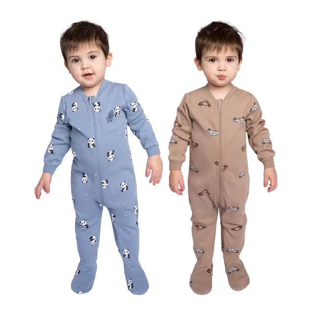 Combinaisons bébé zippées motif pandas, une bleu clair et une beige, manches longues