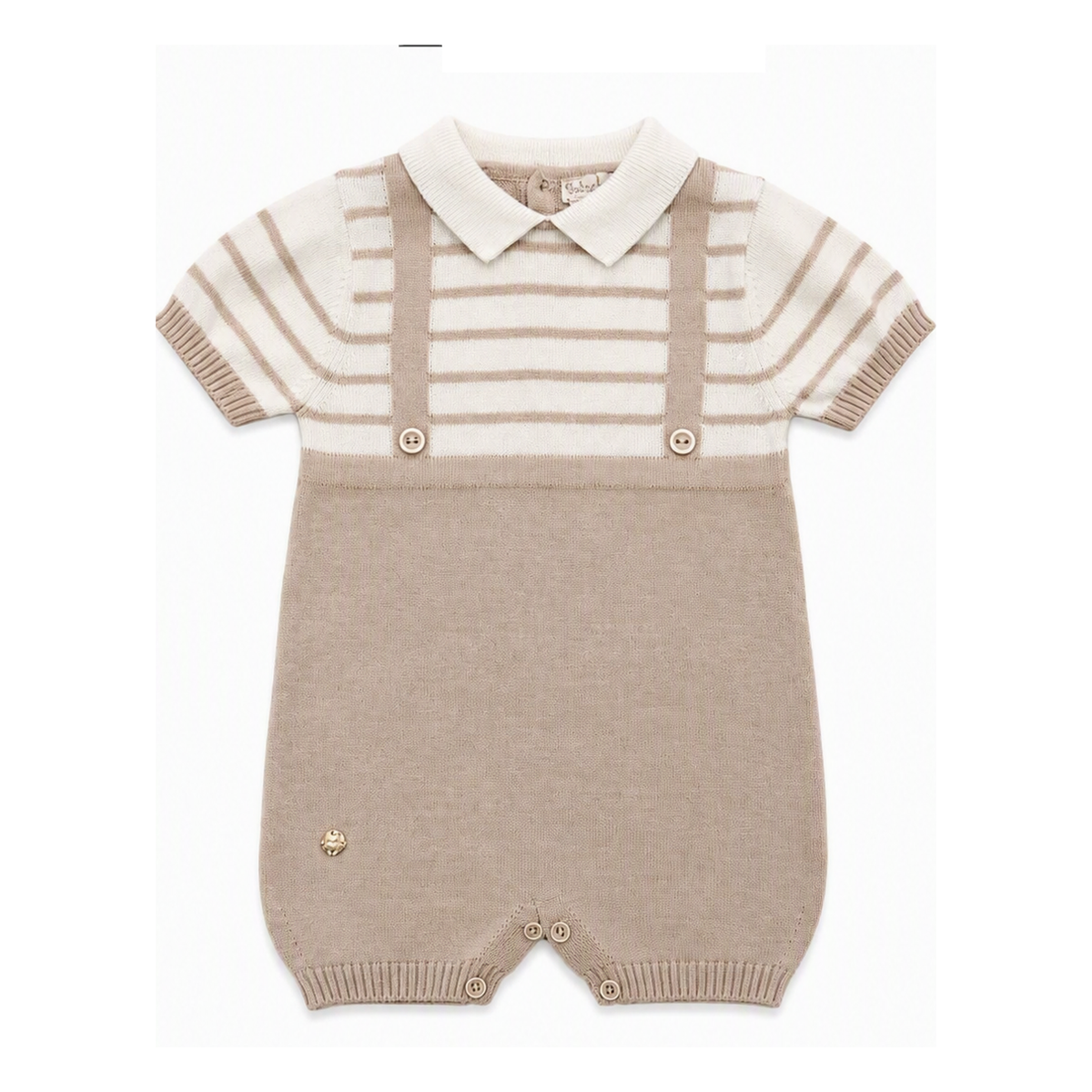 Combinaison tricot bébé à rayures beiges et col chemise, boutons-pression