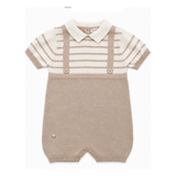 Combinaison tricot bébé à rayures beiges et col chemise, boutons-pression