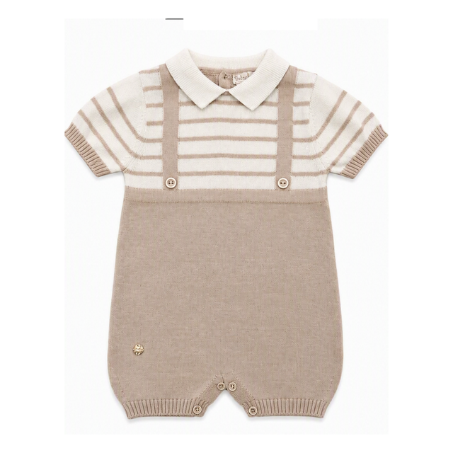 Combinaison tricot bébé à rayures beiges et col chemise, boutons-pression