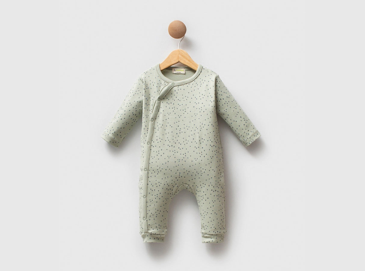 Combinaison bébé Sour à pois, gris-vert, col rond et ouverture pression