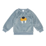 Pull bébé en polaire bleu clair à motif morse, col rond côtelé