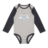 Body bébé manches longues gris chiné et noires, motif morse sur le devant