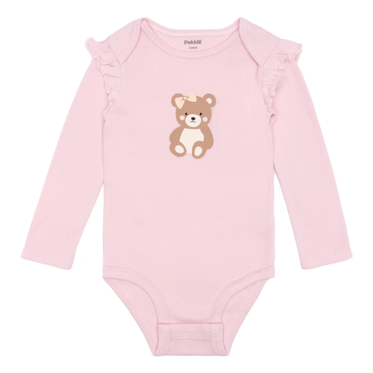 Body bébé rose à motif ourson et encolure à volants.