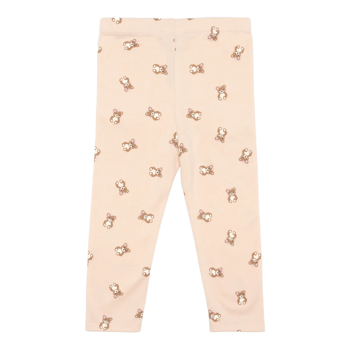 Legging bébé beige imprimé oursons avec petits dessins répétés.