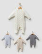 Combinaisons bébé en tricot, blanc, bleu clair, beige et gris, à col rond