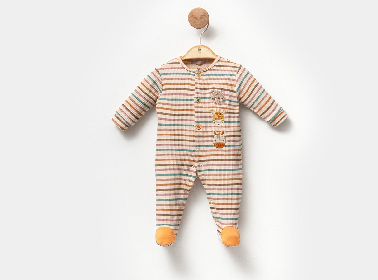 Combinaison bébé rayée beige à manches longues, fermeture boutonnée et motifs animaux
