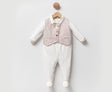 Ensemble bébé Bob: body blanc à manches, gilet beige à nœud papillon et boutons