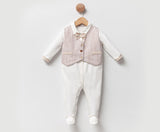 Ensemble bébé Bob: body blanc à manches, gilet beige à nœud papillon et boutons