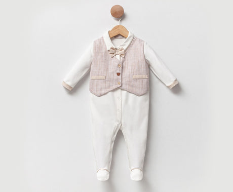 Ensemble bébé Bob: body blanc à manches, gilet beige à nœud papillon et boutons
