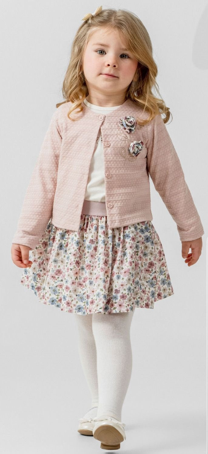 Ensemble fille : veste rose poudré à boutons et jupe fleurie évasée