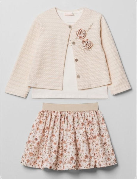 Ensemble fille crème : veste boutonnée fleurs et jupe évasée motif floral