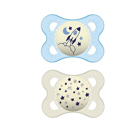 Paire de sucettes MAM Original Nuit 0-6 mois, bleu clair et beige, motifs fusée