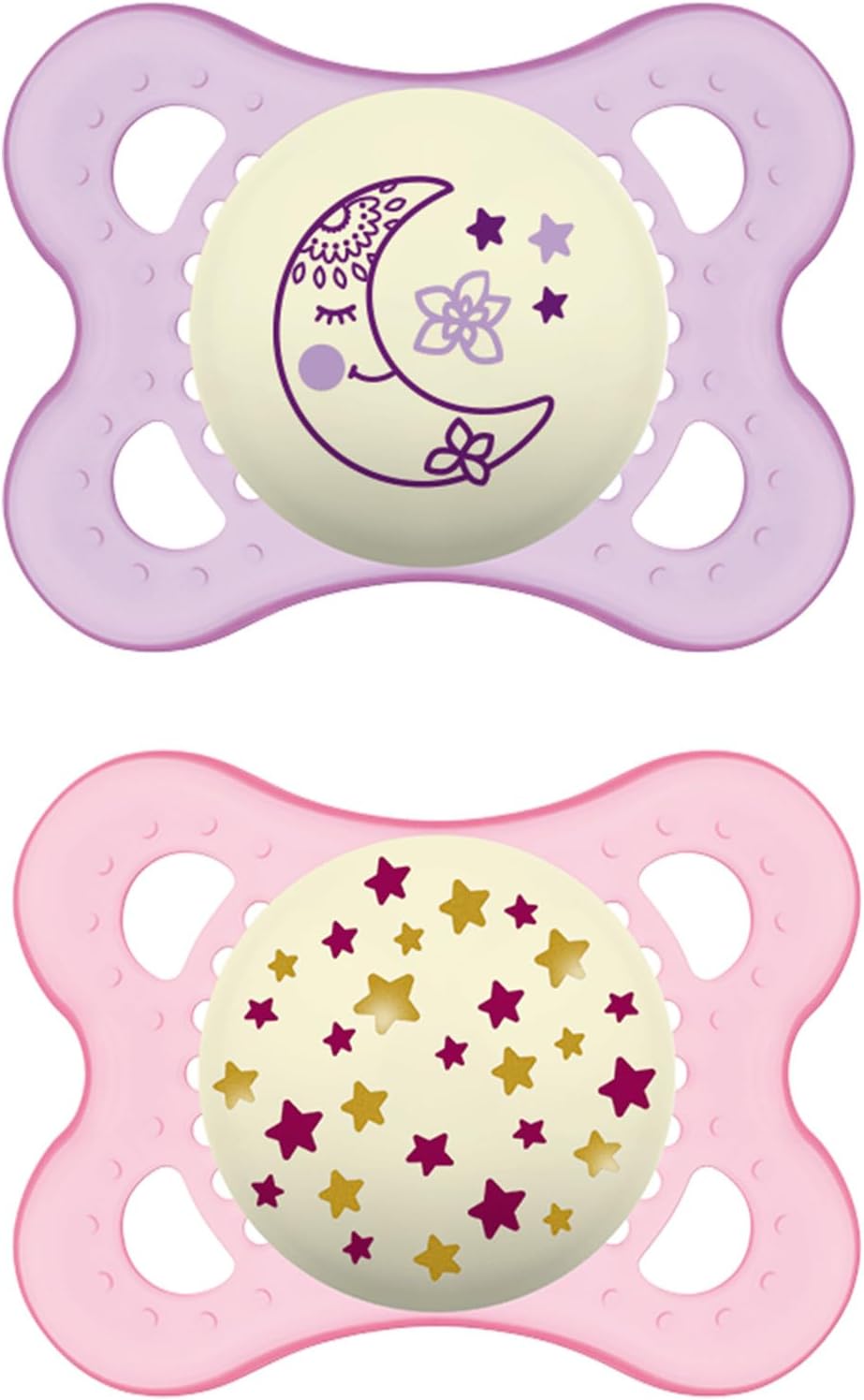 Deux sucettes MAM rose et mauve, motifs lune et étoiles, 0-6 mois.