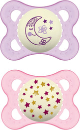 Deux sucettes MAM rose et mauve, motifs lune et étoiles, 0-6 mois.