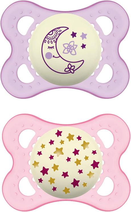 Deux sucettes MAM rose et mauve, motifs lune et étoiles, 0-6 mois.