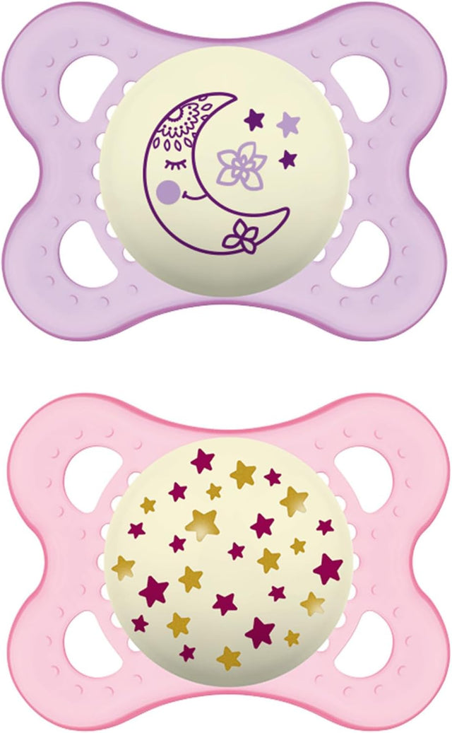 Deux sucettes MAM rose et mauve, motifs lune et étoiles, 0-6 mois.