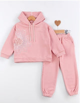 Ensemble sweat à capuche et pantalon rose, appliqué fleur argentée en relief, cordons