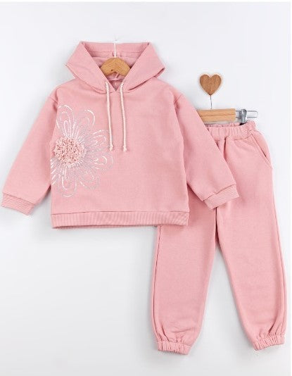 Ensemble sweat à capuche et pantalon rose, appliqué fleur argentée en relief, cordons