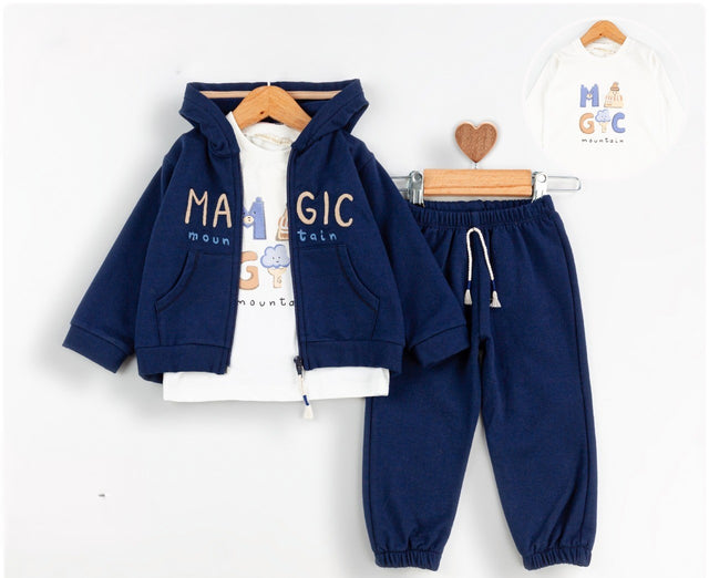 Ensemble bébé : sweat à capuche bleu marine avec texte « Magic » et pantalon assorti