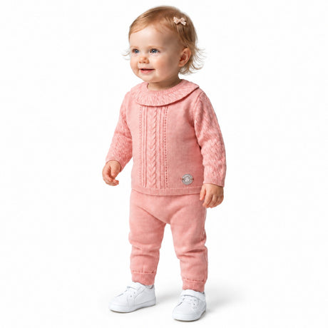 Ensemble bébé Alaé : pull tricot rose à col cheminée et pantalon