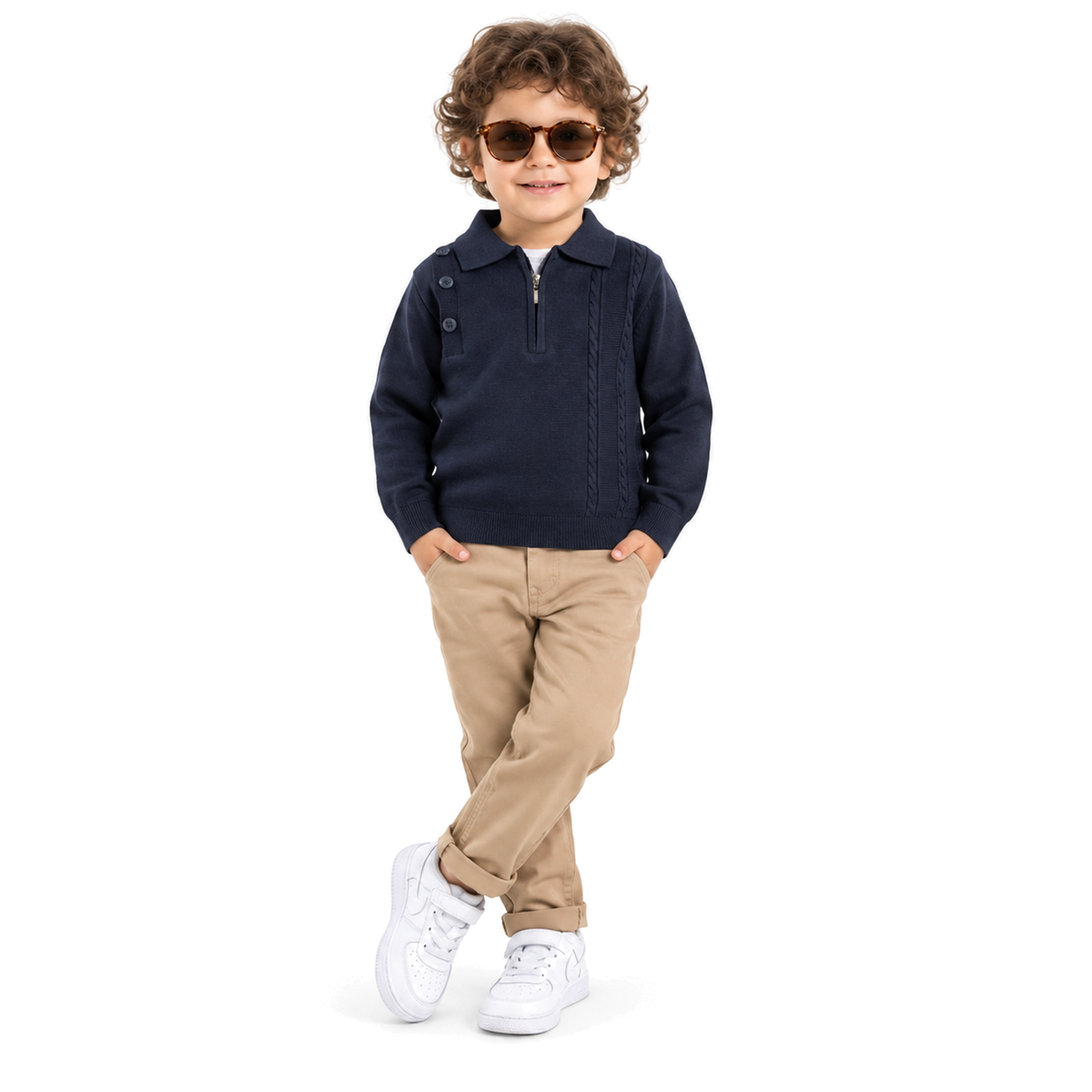 Pull enfant bleu marine à demi-zip et col chemise