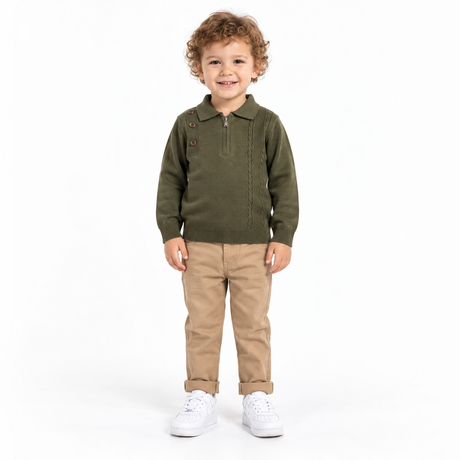Ensemble enfant : pull à demi-zip vert olive et pantalon beige