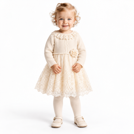 Robe de fille Anesia en dentelle crème, col rond et manches longues, volants