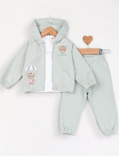 Ensemble bébé Arena vert clair : veste zippée, haut blanc et pantalon assorti