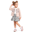 Ensemble enfant: veste rose pâle, haut blanc brodé, jupe écossaise gris