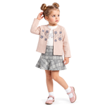 Ensemble enfant: veste rose pâle, haut blanc brodé, jupe écossaise gris