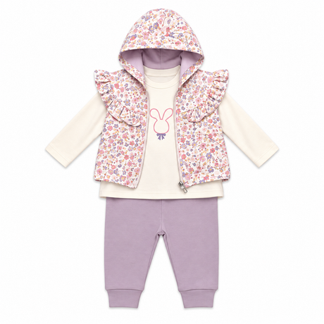 Ensemble bébé mauve : veste à capuche fleurie et pantalon en molleton